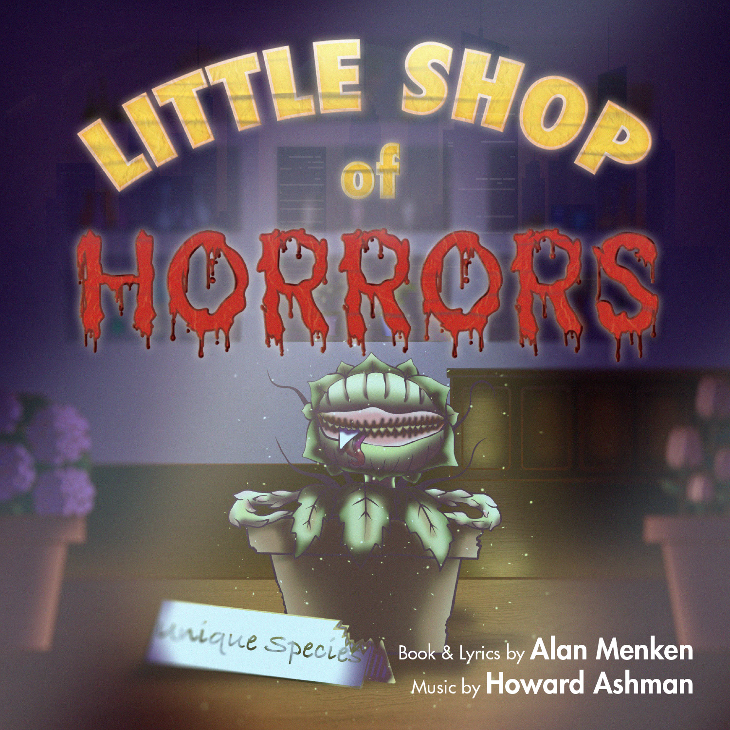 LITTLE SHOP OF HORRORS title in the window of a plant shop displaying a strange plant with its tongue hanigng out and a small drop of blood running from its mouth.