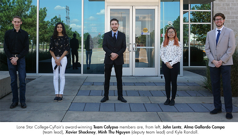 Lone Star College-CyFairs award-winning Team Calypso members are, from left, John Lentz, Alma Gallardo Campa (team lead), Xavier Shockney, Minh Thu Nguyen (deputy team lead) and Kyle Randall