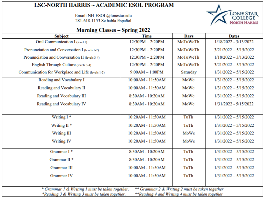 Lonestar Calendar 2022 Course Schedules |
