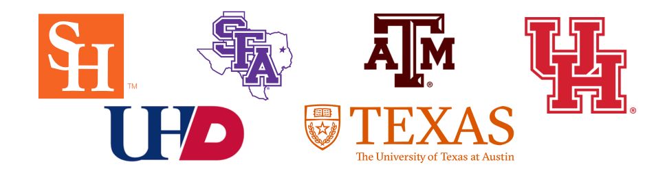Logos for Common Geology Transfer Universities - Sam Houston, Stephen F. Austin, Texas A&M, University of Houston, University of Houston Downtown, and University of Texas - Austin