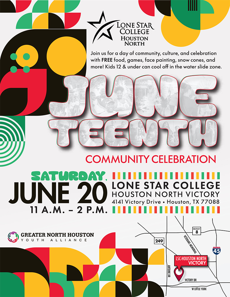 graphic of juneteenth community celegration with bright green, yellow and red block designs