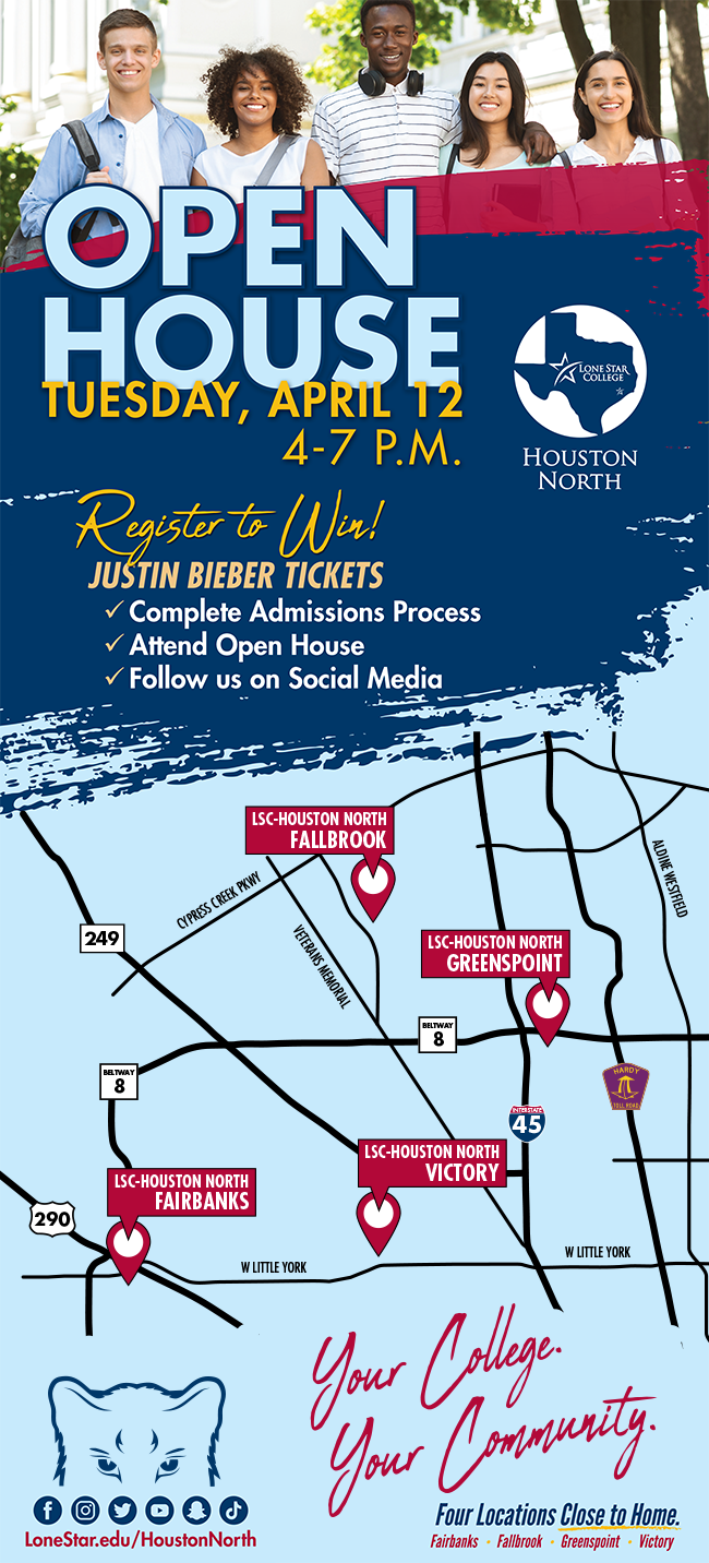 LSC-Houston North Open House graphic with image of five students, opportunity to win justin bieber tickets, and four locations close to home