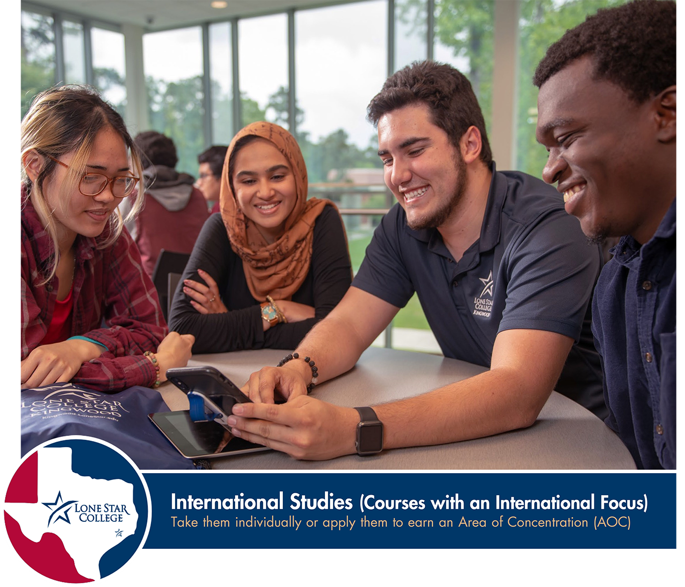 Four international students looking at phone screen with LSC logo and text 'International Studies (Courses with an International Focus) Take them individually or apply them to earn an Area of Concentration (AOC)'