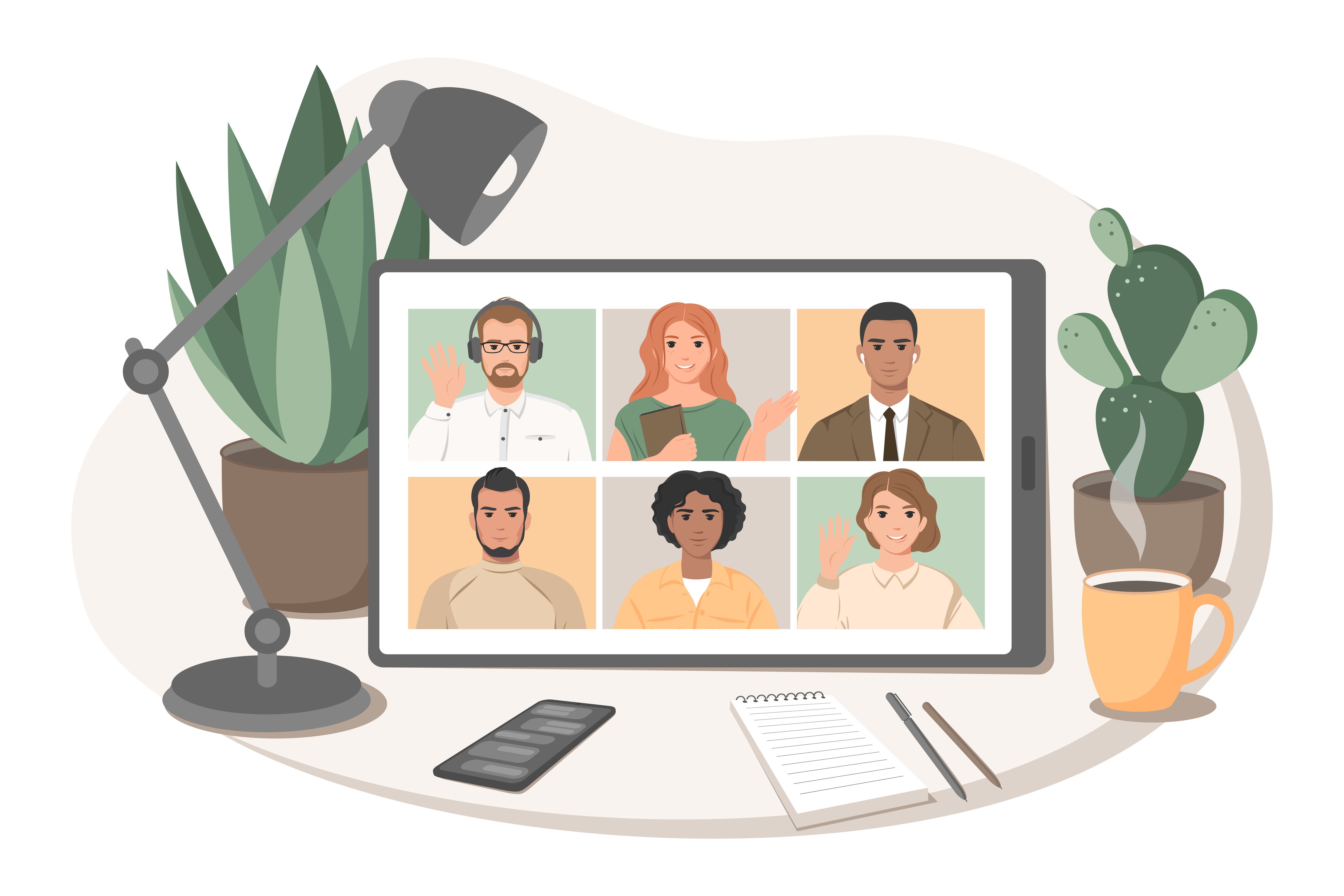 Six friendly faces on a computer screen representing online tutoring opportunities!
