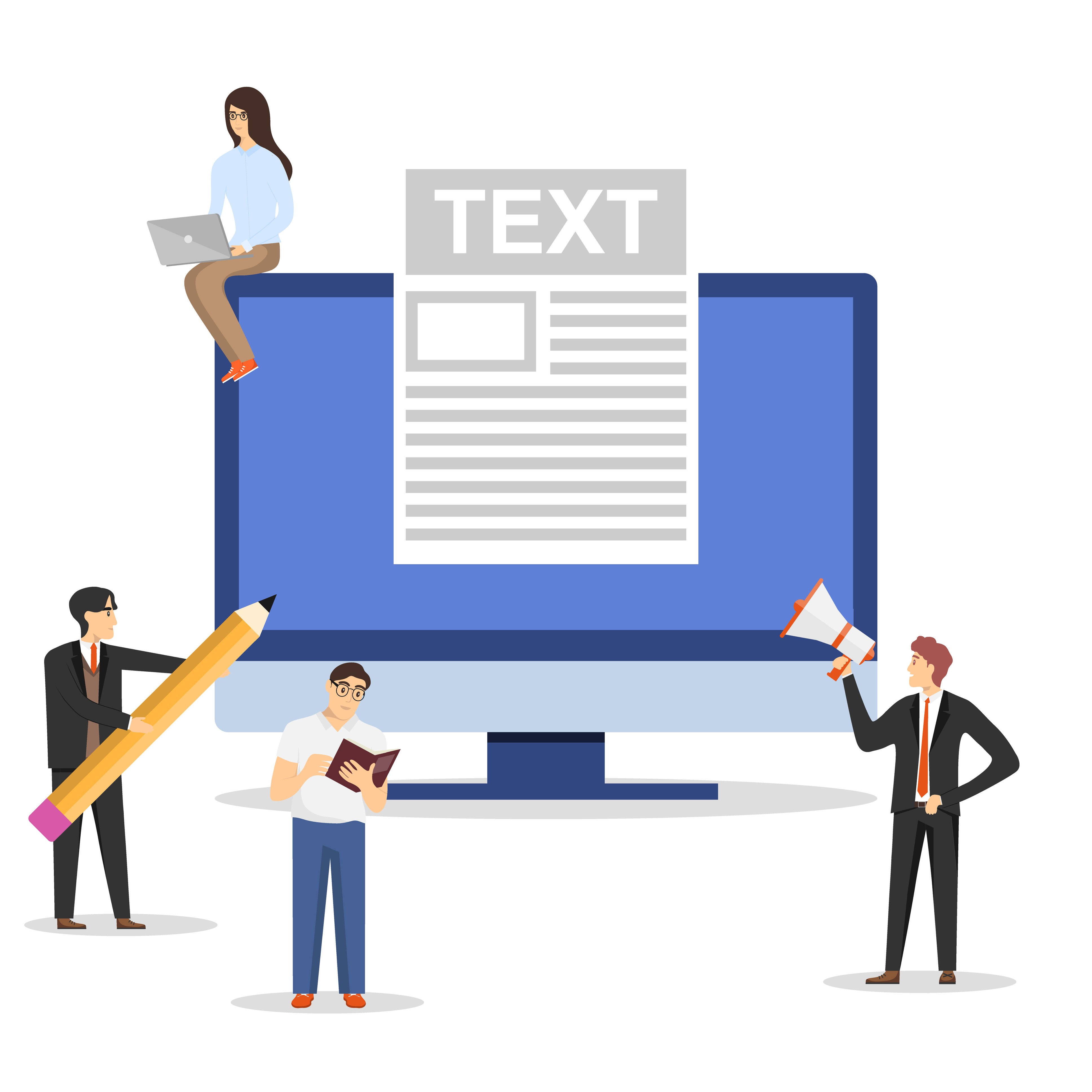 Graphic with a large computer screen with a text document and small people around it with large pencil, a laptop, etc. to represent writing tutoring
