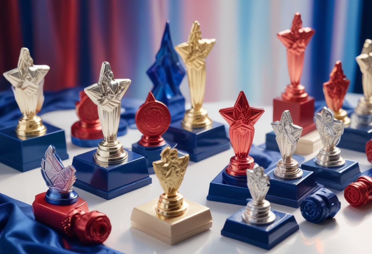 awards trophies sitting on a table
