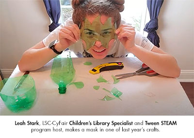 Leah Stark, LSC-CyFair Childrens Library Specialist and Tween STEAM program host, makes a mask in one of last years crafts.