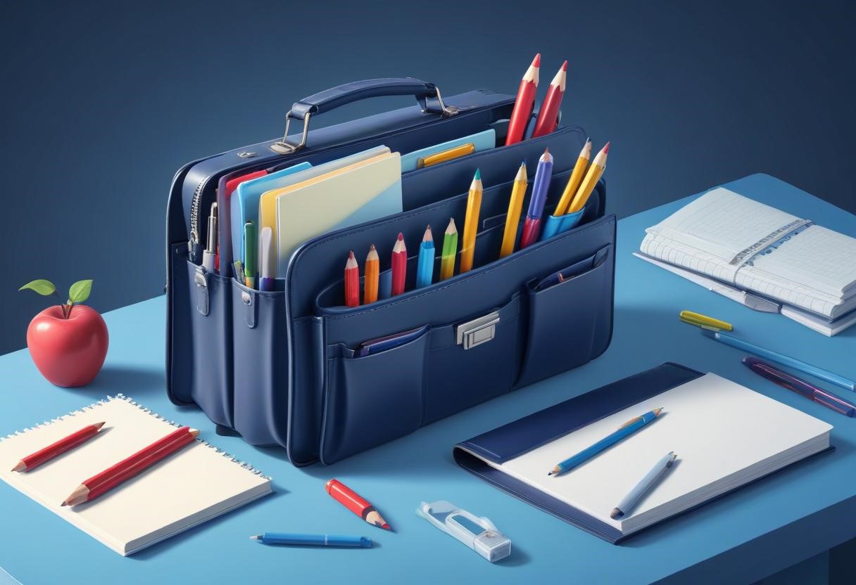 briefcase open on a table with office supplies