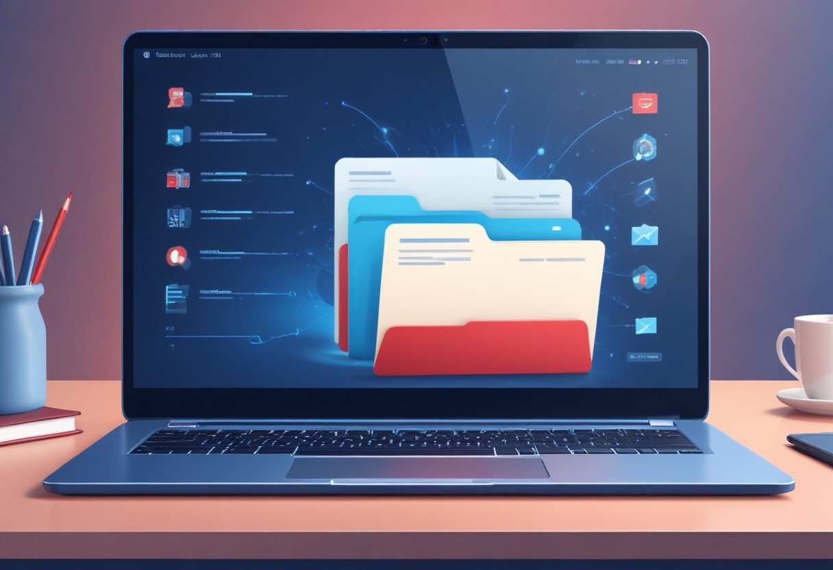 laptop with folders on the screen