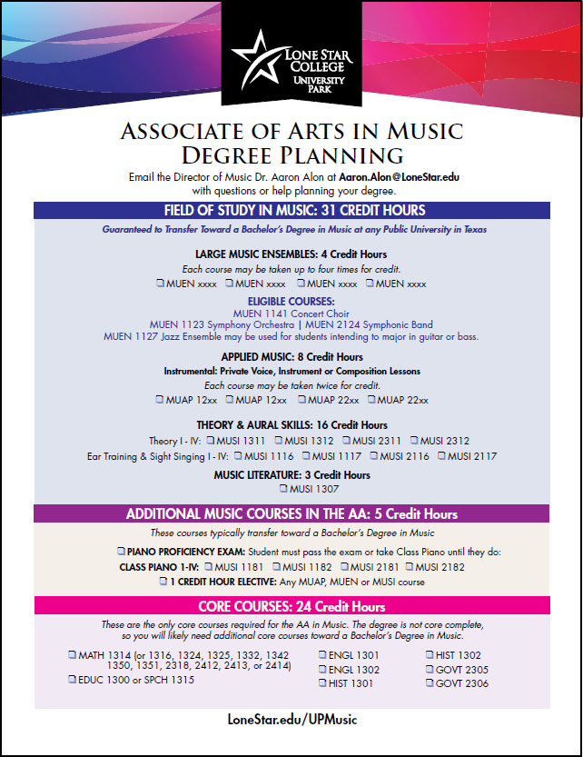 Image of the Associate of Arts in Music Degree Planning flyer: Click here to download the pdf of this, which shows all of the courses in the AA in Music degree plan. (https://www.lonestar.edu/departments/music/VPA_Music%20Degree%20Planning_FForm.pdf)