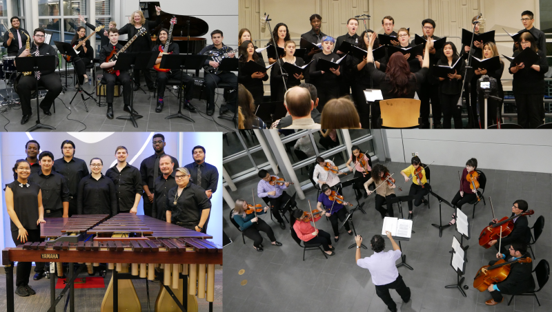 UP Music Ensembles Image, with pictures of a jazz ensemble, choir, percussion ensemble grouped around mallet instruments, and a string orchestra