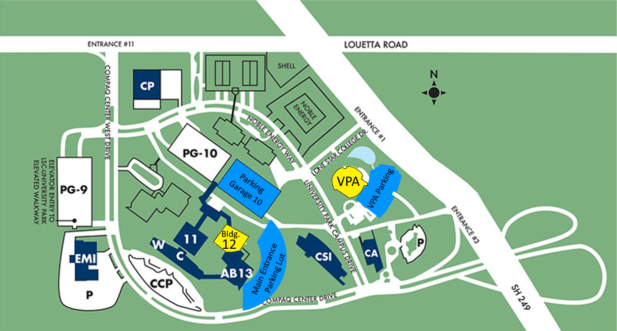 Map of the Lone Star College-University Park campus with the VPA and building 12 labeled, as well as 2 parking lots and parking garage 10
