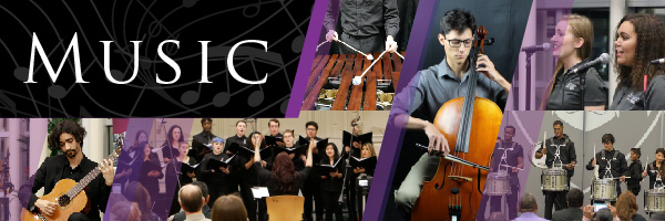 Music Department Banner, showing pictures of various musicians: a guitarist, a choir, someone playing a marimba, a cellist, singers at microphones, and a drum line.