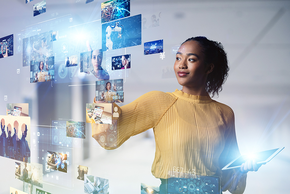 photo of a woman holdng a tablet and looking at AI-generated content floating in the air