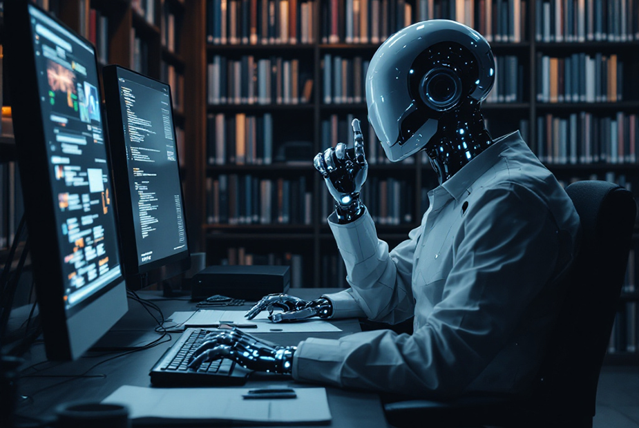 AI-generated photo of a robot working a computer in a library