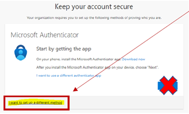 screenshot with an arrow pointing to the lower left side where the "I want to set up a different method" link is located