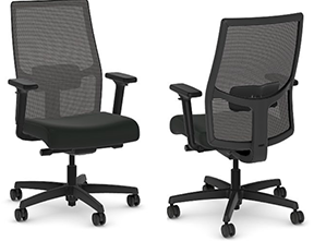 photo of two tall-back mesh chairs with cushioned seats and casters