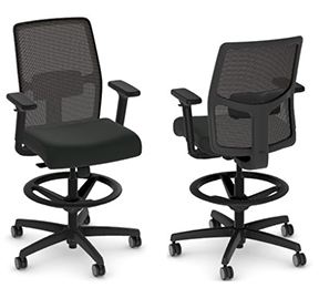 photo of 2 mesh back chairs with cushioned seats, footrests, and casters