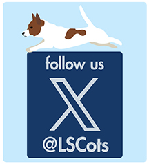 image of a dog jumping over a box that reads follow us X @LSCots