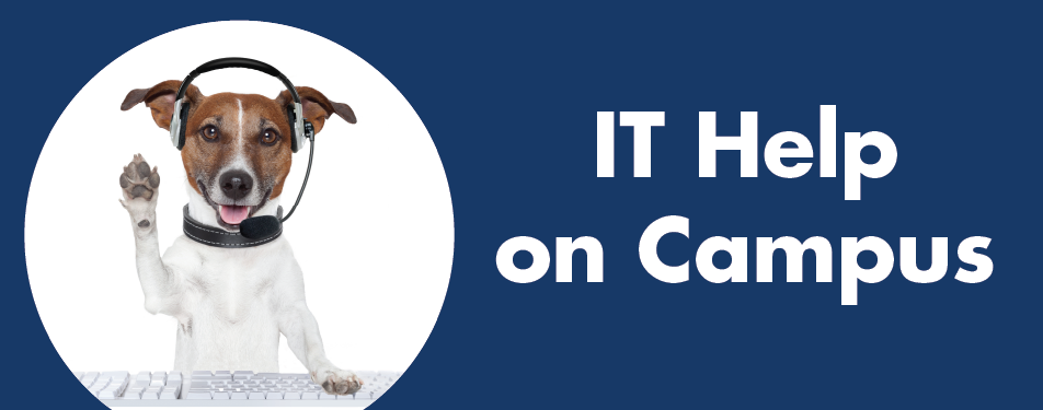 IT Help on Campus. photo of a jack russell terrier dog wearing a headset and sitting at a keyboard keyboard, resting one paw on the keyboard and the raising the other up in the air to wave hello