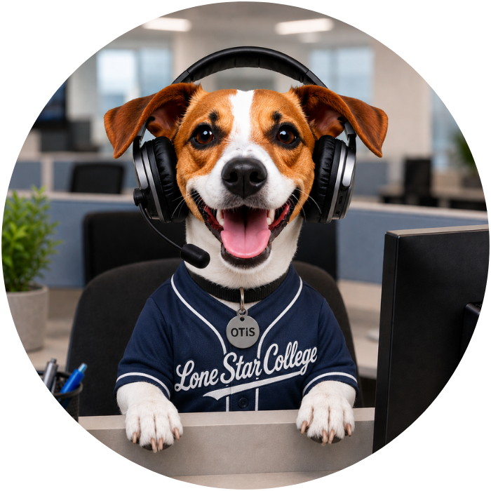 A happy smooth-haired Jack Russell terrier named OTiS sits at a modern service desk call center wearing a navy blue baseball jersey with �Lone Star College� written in script across the front. OTiS is smiling with his tongue out and wearing a customer service headset with microphone while looking directly at the viewer. His paws rest on the front of the desk beside a computer monitor and a cup of pens, with a softly blurred office workspace in the background.
