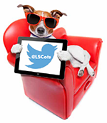 dog on chair holding ipad with Twitter logo and @LSCots