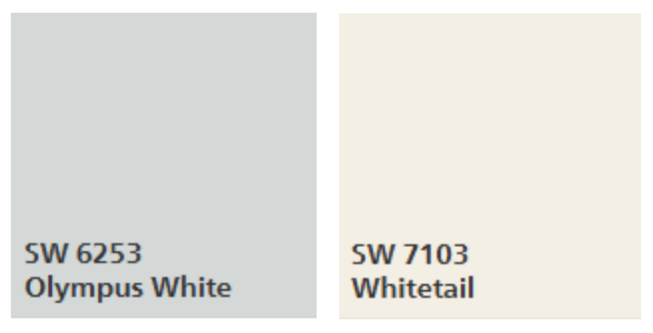 images of paint swatches. Olympus White is a light gray color and Whitetail is a soft cream/off-white color