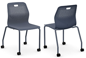 a photo of two blue mesh chairs on casters