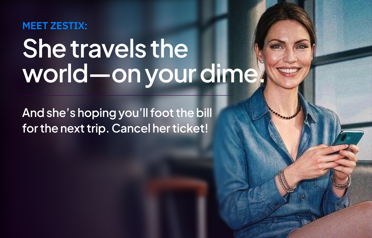 Cybersecurity Awareness Month graphic featuring Zestix holding a smartphone. Text reads, �She travels the world�on your dime. And she�s hoping you�ll foot the bill for the next trip. Cancel her ticket!�