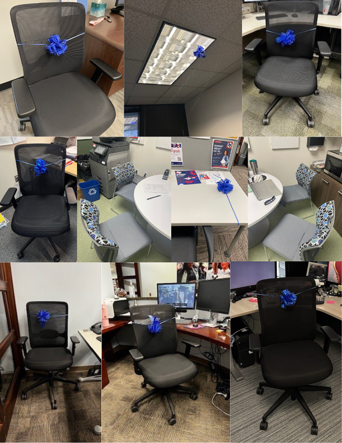 collage of photos of i2 deliveries, mostly office chairs with birght blue gift bows on them