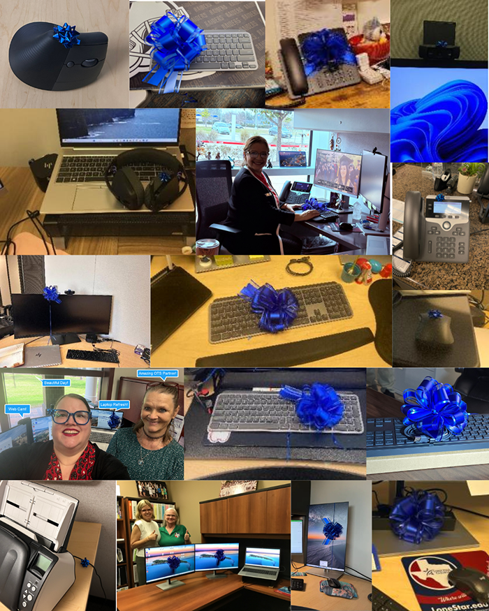 collage of photos of various IT equipment deliveries across the system; soe images have people smiling accepting their deliveries
