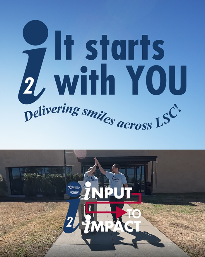 i2 It starts with YOU! Delivering smiles across LSC! a photo of two employees walking outside away from a campus building with an empty cart after a delivery and raising their hands up in a high-five