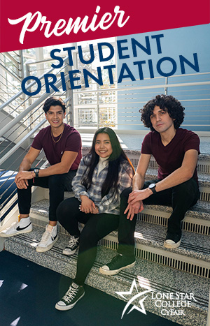 Premier Student Orientation at LSC-CyFair! Photo of students sitting on stairs.
