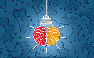Image of brain as a light bulb representing ideas, in front of heads full of gears