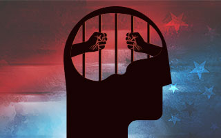 Stylized silhouette of a head, with bars closing off the mind