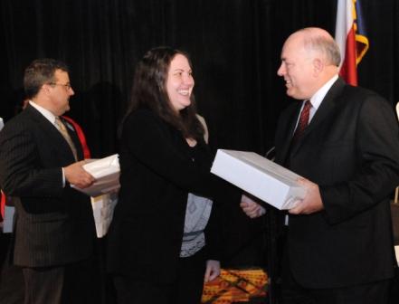 Lone Star College System Chancellor Dr. Richard Carpenter, right, congratulated staff and faculty award winners at the LSCS annual employee awards luncheon held Feb. 26 at The Woodlands Marriott. (Photo by Alissa Raddatz)