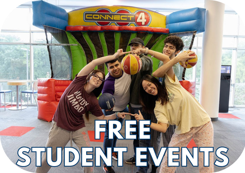 students at event with text 'Free Student Events'
