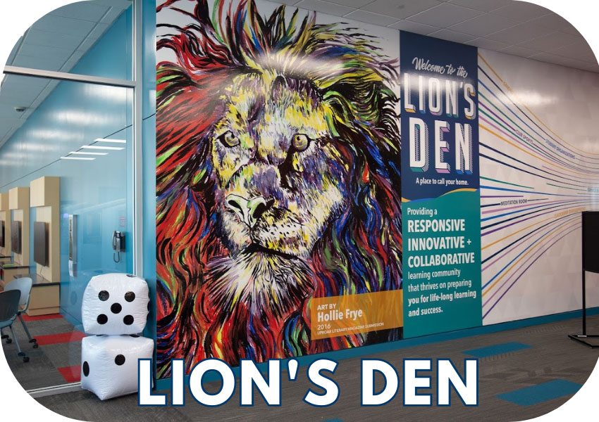 Lion mural with text 'Lion's Den'