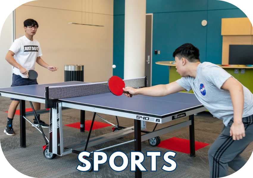 students playing ping-pong with text 'Sports'