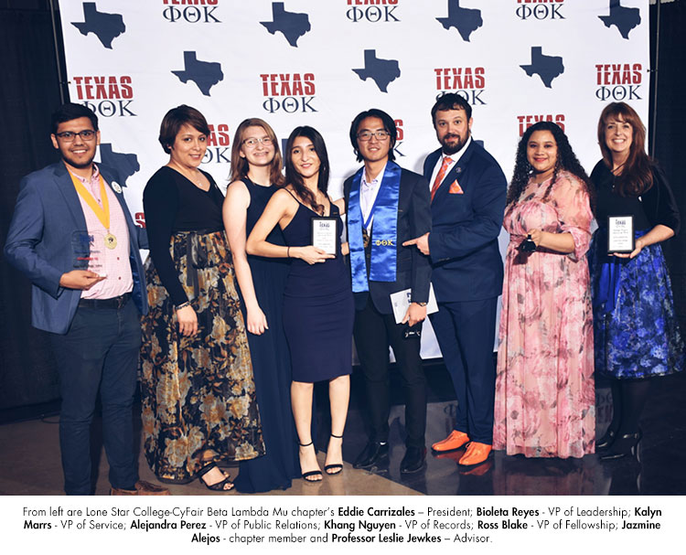 From left are Lone Star College-CyFair Beta Lambda Mu chapters Eddie Carrizales  President; Bioleta Reyes - VP of Leadership; Kalyn Marrs - VP of Service; Alejandra Perez - VP of Public Relations; Khang Nguyen - VP of Records; Ross Blake - VP of Fellowship; Jazmine Alejos - chapter member and Professor Leslie Jewkes  Advisor.