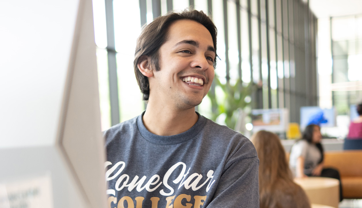 student happy registering for college