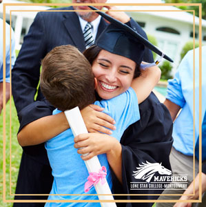 Graduating student hugging child