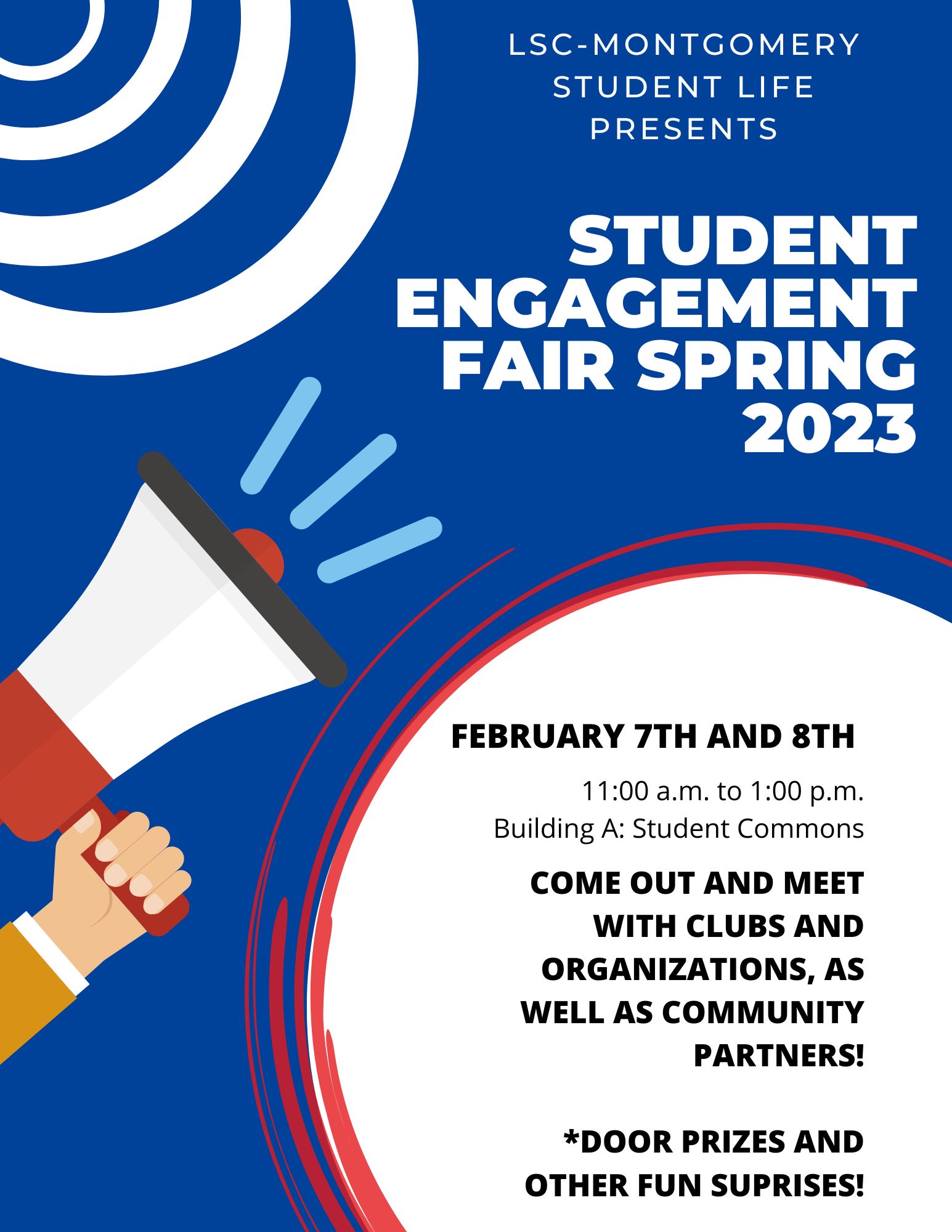 Lone Star College Montgomery Student Life Engagement Fair with picture of megaphone and sound circles