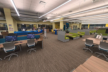 Wide view of the Lone Star College-Kingwood Learning Commons space in the Library building