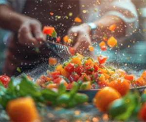 Chef slicing tomatoes