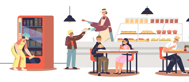 Cafeteria with students eating and buying food