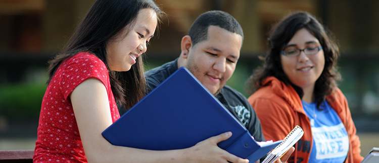 Three students studying a binder together