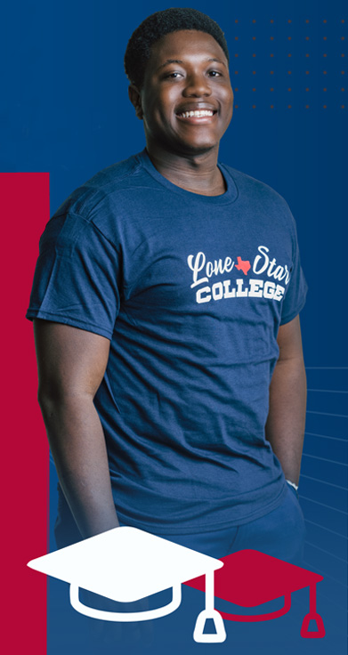 Student wearing a Lone Star College t-shirt above stylized images of graduation caps