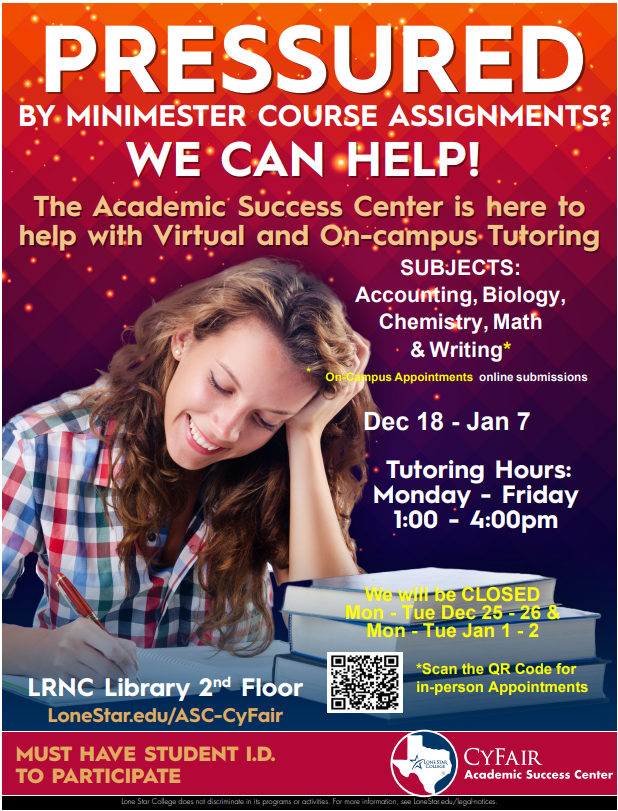 Flyer for winter mini-mester indicating available hours. December 18-January 7, Monday through Friday 1pm to 4pm for Accounting, Biology, Chemistry, Math, and Writing. Writing requires appointments.