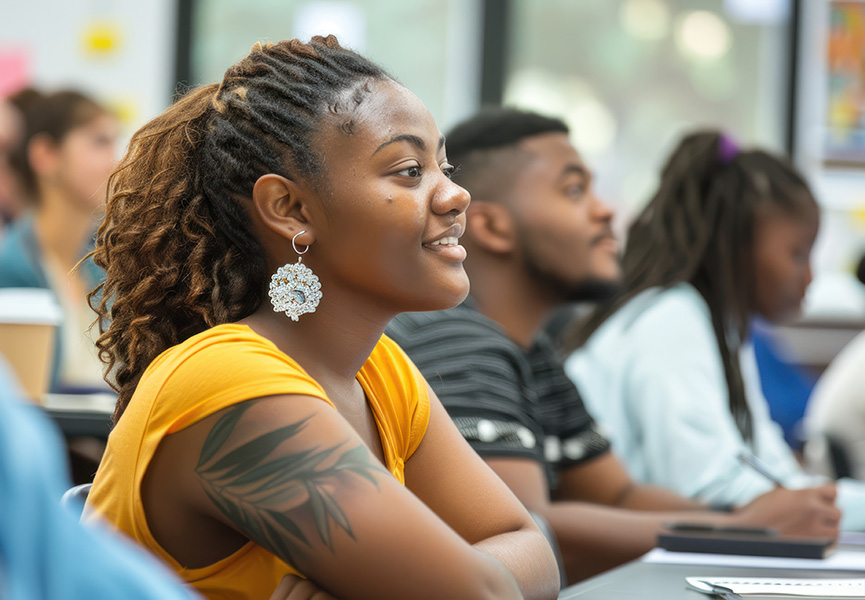 Photo of young African-American student in close-up in a classroom of students attending a workshop